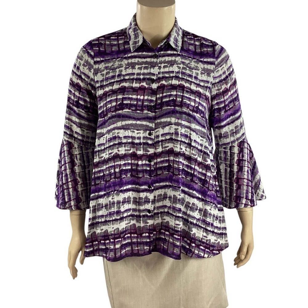 Jones New York Button Front Blouse Purple Abstract Print Size Large
